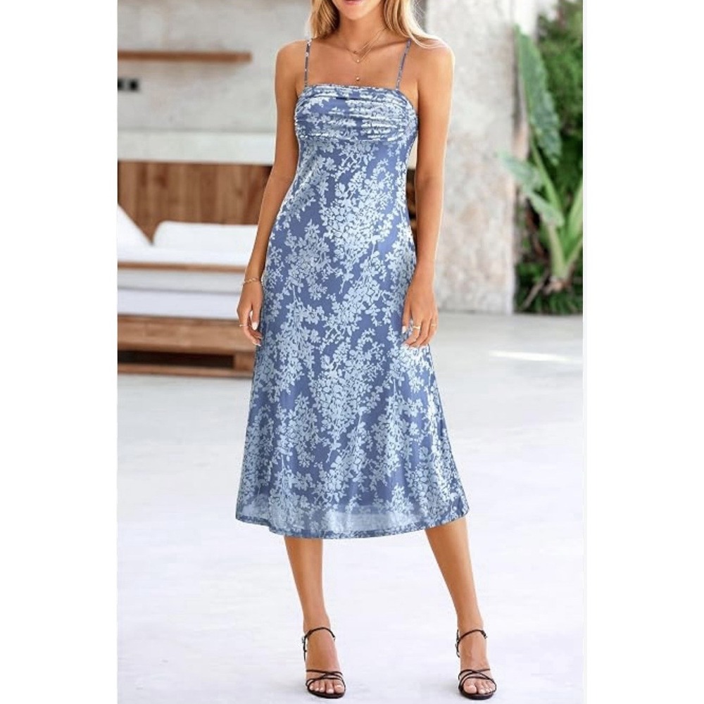 Womens Sky Blue Floral Midi Dress L Velvet Romantic Garden Fairy Formal Party